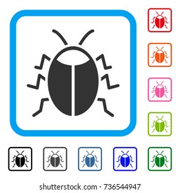 Bug icon. Flat gray pictogram symbol in a light blue rounded squared frame. Black, gray, green, blue, red, orange color additional versions of Bug vector. Designed for web and app user interface.