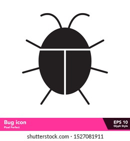 Bug icon in glyph style, with pixel perfect eps 10. Technology style icon for use in web, application, and mobile.