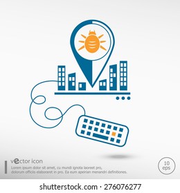 Bug icon and keyboard. Line icons for application development, creative process.