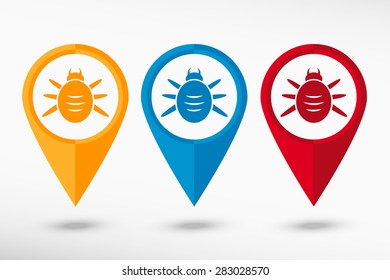 Bug icon map pointer, vector illustration. Flat design style