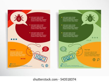 Bug icon on abstract brochure design. Set of corporate business stationery templates. Modern back and front flyer backgrounds.