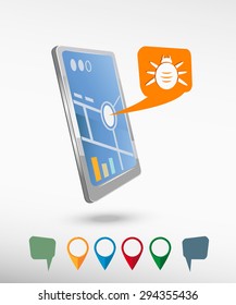 Bug icon and perspective smartphone vector realistic. Set of bright map pointers for printing, website, presentation element and application mockup.