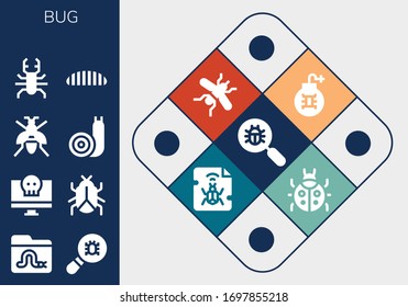 bug icon set. 13 filled bug icons.  Simple modern icons such as: Virus search, Worm, Virus, Wasp, Snail, Beetle, Caterpillar, Mosquito, Malware, Ladybug