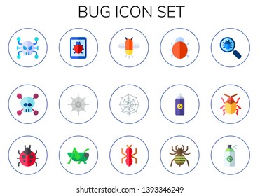 bug icon set. 15 flat bug icons.  Simple modern icons about  - virus, spider web, firefly, bug spray, virus search, beetle, ladybug, grasshopper, ant, spider, pesticide