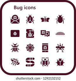  bug icon set. 16 filled bug icons. Simple modern icons about  - Virus, Moth, Parasite, Spam, Malware, Caterpillar, Beetle, Spider web, Mosquito, Ant, Worm, Ladybug