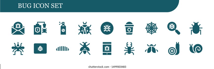 bug icon set. 18 filled bug icons.  Simple modern icons about  - Virus, Insecticide, Ladybug, Frappe, Spider web, Virus search, Parasite, Mosquito, Spam, Caterpillar, Wasp, Beetle