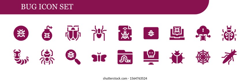 bug icon set. 18 filled bug icons.  Collection Of - Virus, Malware, Spider, Spam, Ladybug, Caterpillar, Virus search, Moth, Worm, Spider web, Grasshopper icons