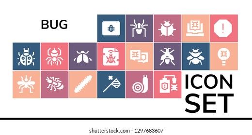 bug icon set. 19 filled bug icons. Simple modern icons about  - Spam, Ladybug, Mosquito, Ant, Centipede, Butterfly net, Snail, Virus, Spider, Malware, Wasp, Bumblebee