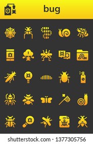 bug icon set. 26 filled bug icons.  Collection Of - Spider web, Virus, Parasite, Worm, Snail, Ant, Mosquito, Grasshopper, Caterpillar, Insecticide, Spider, Bumblebee, Moth, Butterfly net