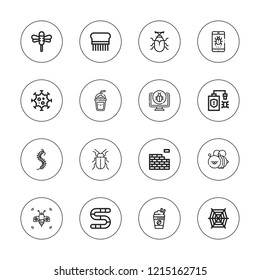 Bug icon set. collection of 16 outline bug icons with bee, beetle, bug, brickwall, dragonfly, flea, frappe, malware, spider web, worm icons.