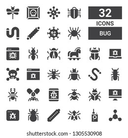bug icon set. Collection of 32 filled bug icons included Bacterias, Bug detector, Fly, Caterpillar, Beetle, Infected, Virus, Worm, Insect, Trojan, Ladybug, Ant, Dragonfly