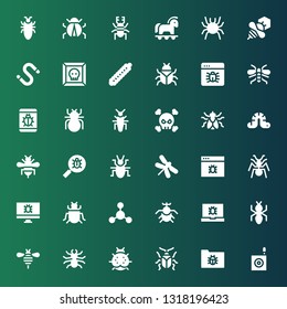 bug icon set. Collection of 36 filled bug icons included Bug, Virus, Beetle, Ladybird, Bee, Ant, Bacterias, Insect, Dragonfly, Worm, Fly, Wasp, Caterpillar, Trojan, Ladybug, Cockroach