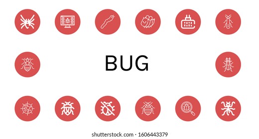 bug icon set. Collection of Black widow, Virus, Silkworm, Bee, Mosquito repellent, Stonefly, Bug, No insects, Bed bug, Mantis, Louse, Beetle icons