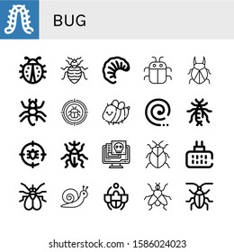 bug icon set. Collection of Caterpillar, Ladybug, Bed bug, Larva, Bug, Beetle, Ant, Malware, Bee, Mosquito coil, Earwig, Anti Weevil, Virus, Stink Mosquito repellent icons