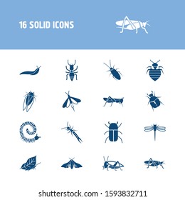 Bug icon set and leaf butterfly with millipede, giant wood wasp and locust. Monarch related bug icon vector for web UI logo design.