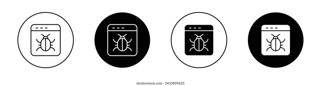 Bug Icon Set. Malware computer virus vector symbol in a black filled and outlined style. Website Network Ransomware Sign.