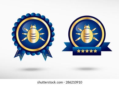 Bug icon stylish quality guarantee badges. Blue colorful promotional labels