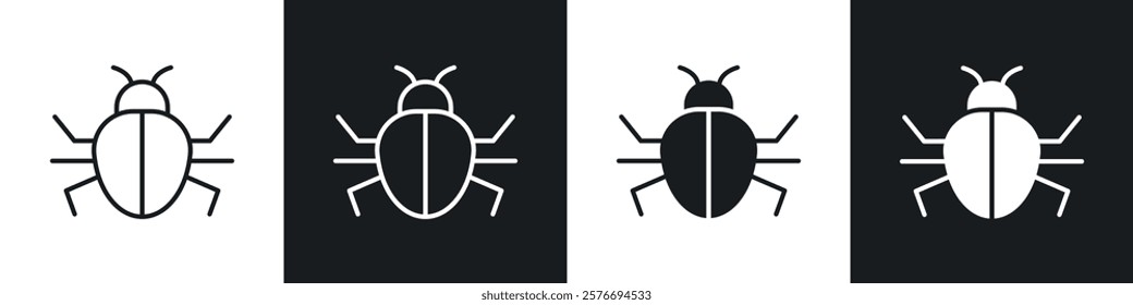 Bug icons collection in black and white solid and line style