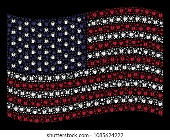 Bug icons are combined into waving American flag stylization on a dark background. Vector collage of American state flag is composed of bug elements. Designed for political and patriotic doctrines.