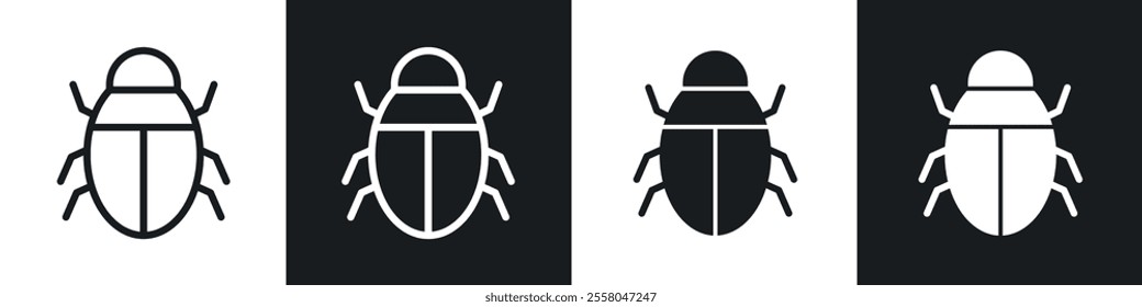 Bug icons pack in black and white filled and outlined versions.