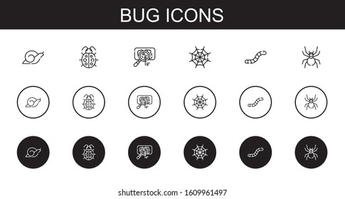 bug icons set. Collection of bug with snail, ladybug, virus, spider web, worm, spider. Editable and scalable bug icons.
