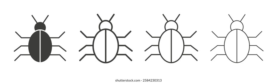 Bug icons set. Liner outlined and flat black color