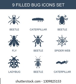 bug icons. Trendy 9 bug icons. Contain icons such as beetle, caterpillar, fly, spider web, ladybug. bug icon for web and mobile.