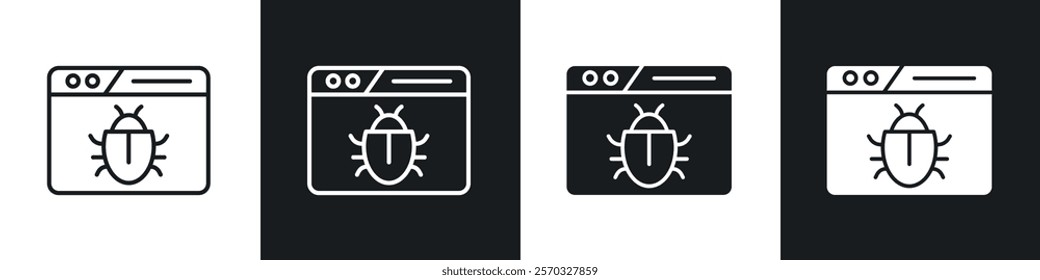 Bug icons vectors set in black. line and flat versions