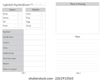 Bug Identification Log Book for Kids Size  6 x 9 inches