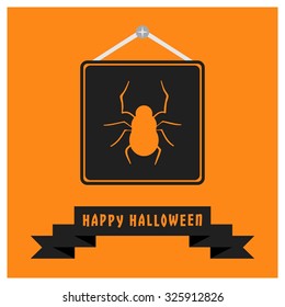 Bug Insect icon. Black Happy Halloween Ribbon Banner on Orange background. Vector illustration