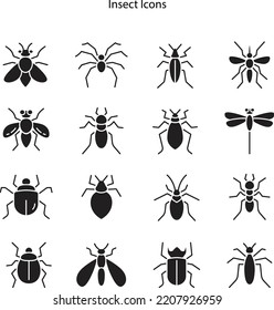 Juego de iconos de error de insecto. Escarabajo de insecto de ilustración vectorial. Iconos de glifos aislados se inmiscuyen y vuelan escarabajo.