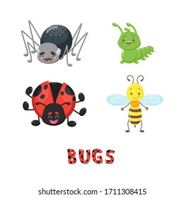 Bug or insect set. Spider, caterpillar or worm, ladybird, bee or wasp, dotted letters. Cute vector mascot character collection for logo, icon, sticker, nursery design, holiday party, birthday, print