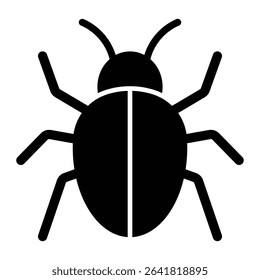 Bug insect vector icon. Beetle, pest, bug symbol for software error, nature, entomology, or pest control. Black silhouette isolated on white background.