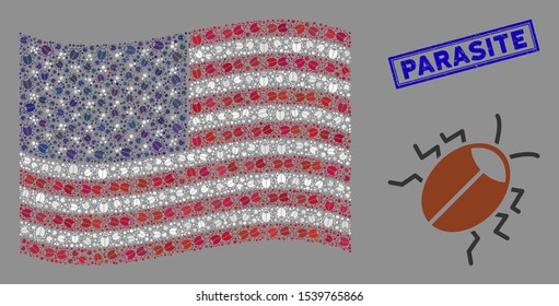 Bug items are combined into American flag collage with blue rectangle rubber stamp seal of Parasite text. Vector concept of American waving official flag is combined of bug items.