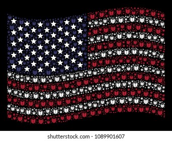 Bug items are grouped into waving USA flag mosaic on a dark background. Vector concept of USA state flag is formed of bug elements. Designed for political and patriotic posters.