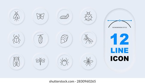 Bug life set icon. Fly rests wing. Butterfly flaps air. Caterpillar crawls stem. Ladybug spots shell. Beetle crawls dirt. Cocoon hangs branch. Snail slides shell. Mantis waits prey. Cicada rests tree.