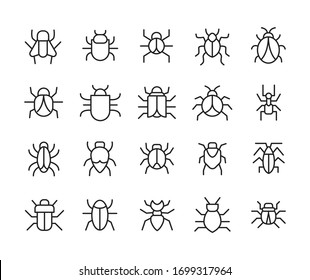 Bug line icons set. Stroke vector elements for trendy design. Simple pictograms for mobile concept and web apps. Vector line icons isolated on a white background. 