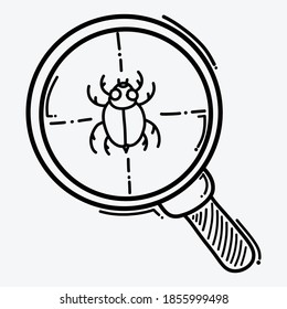 bug in magnifier doodle vector icon. Drawing sketch illustration hand drawn line.