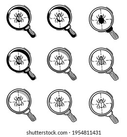 bug in magnifier doodle vector icon. Drawing sketch illustration hand drawn line.