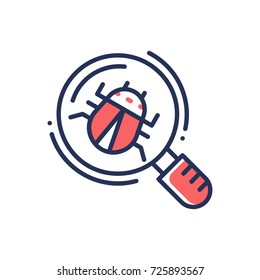 Bug in magnifying glass - modern vector single line design icon. An image of an insect, computer virus. Red color, white background.