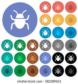 Bug multi colored flat icons on round backgrounds. Included white, light and dark icon variations for hover and active status effects, and bonus shades on black backgounds.