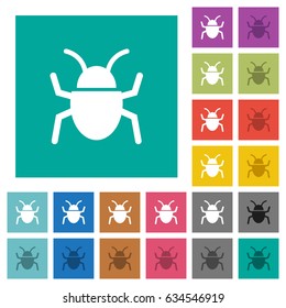 Bug multi colored flat icons on plain square backgrounds. Included white and darker icon variations for hover or active effects.
