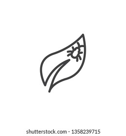 Bug on a leaf line icon. linear style sign for mobile concept and web design. Leaf with pest bug outline vector icon. Agriculture symbol, logo illustration. Pixel perfect vector graphics