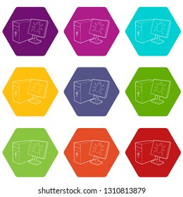 Bug on the monitor of personal computer icons 9 set coloful isolated on white for web