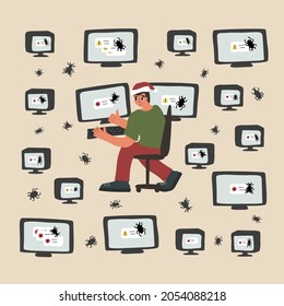 Bug on monitor screen and man in Santa hat near computer is happy in Christmas time, shows thumb up sign. IT team member from support, developer or QA engineer profession. Vector cartoon illustration