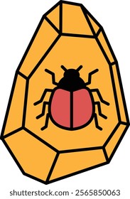 A bug is on a yellow rock. The bug is red and black. The rock is large and has a rough texture