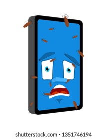 Bug in Phone isolated. Infected by insects Smartphone Cartoon Style. Gadget panicked Vector