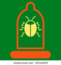 Bug Protection vector icon. Style is bicolor flat symbol, orange and yellow colors, rounded angles, green background.