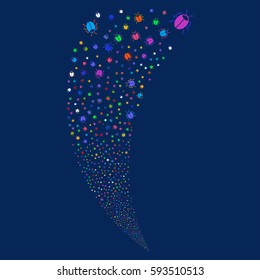 Bug random fireworks stream. Vector illustration style is flat bright multicolored iconic symbols on a blue background. Object fountain made from scattered symbols.