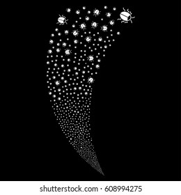 Bug random fireworks stream. Vector illustration style is flat white iconic symbols on a black background. Object fountain made from scattered symbols.